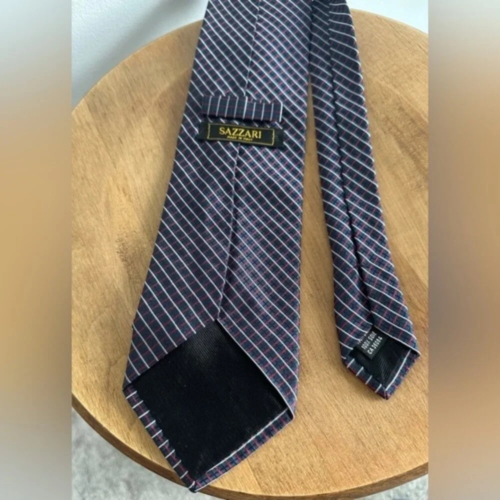 Sazzari 100% Silk Tie Mens One Size Black Red White Striped Design Excellent